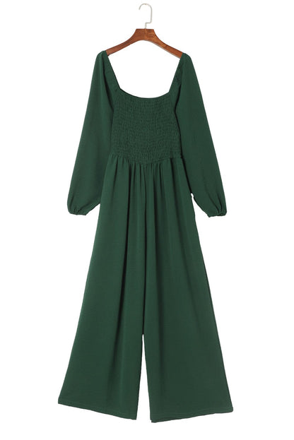 Elegant Green Smocked Square Neck Wide Leg Jumpsuit for Southern Belle Style