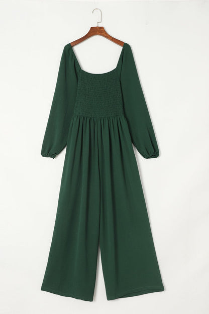 Elegant Green Smocked Square Neck Wide Leg Jumpsuit for Southern Belle Style