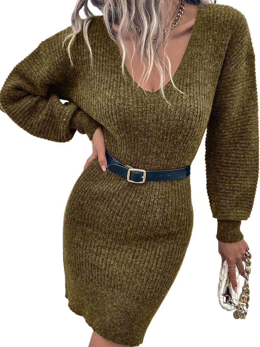 Elegant Green V-Neck Knit Sweater Mini Dress
