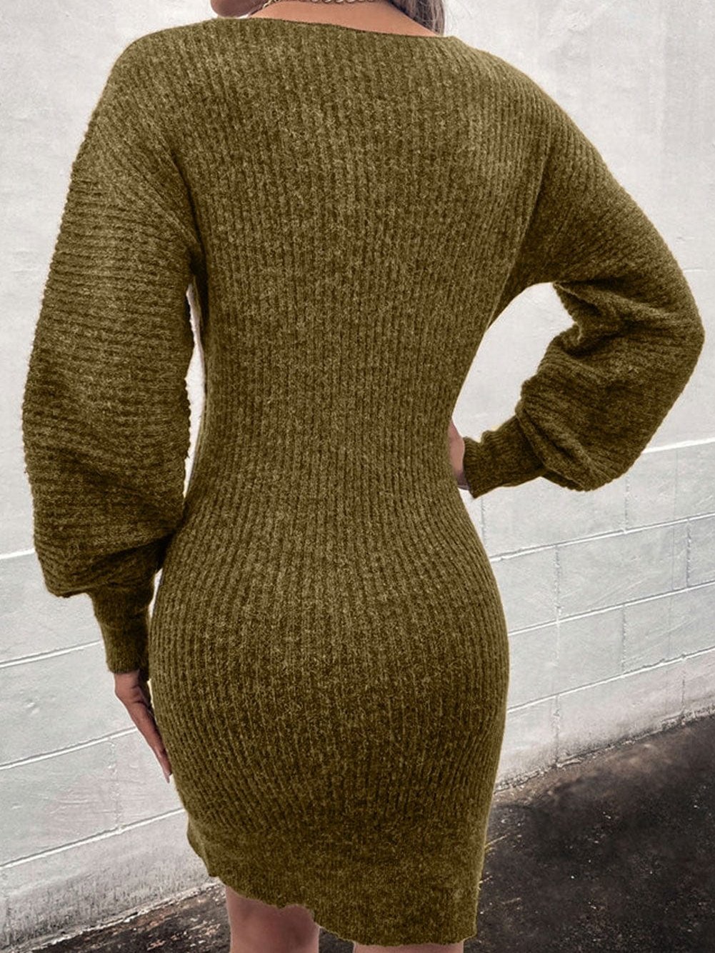 Elegant Green V-Neck Knit Sweater Mini Dress