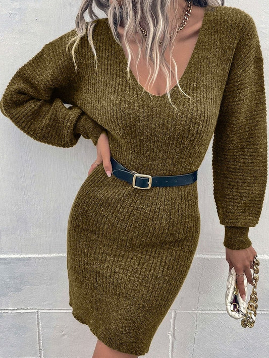 Elegant Green V-Neck Knit Sweater Mini Dress