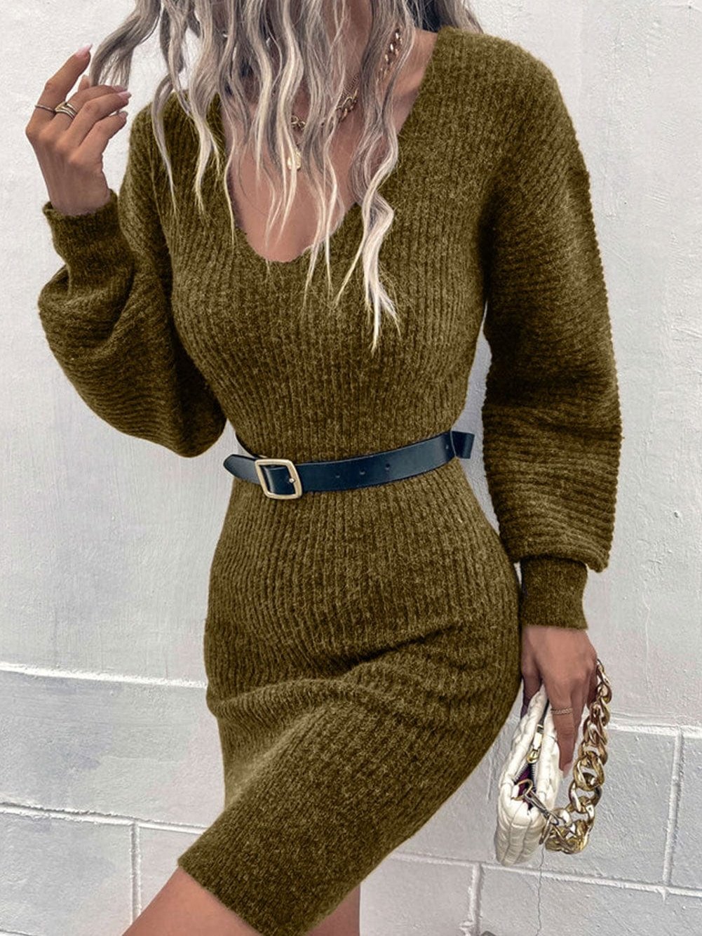 Elegant Green V-Neck Knit Sweater Mini Dress