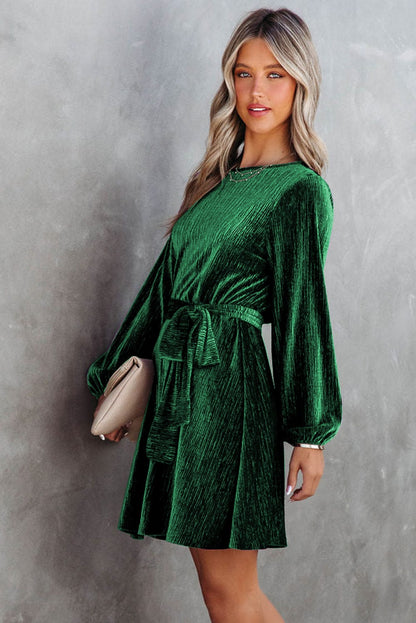 Elegant Green Velvet Dress with Tie Waist