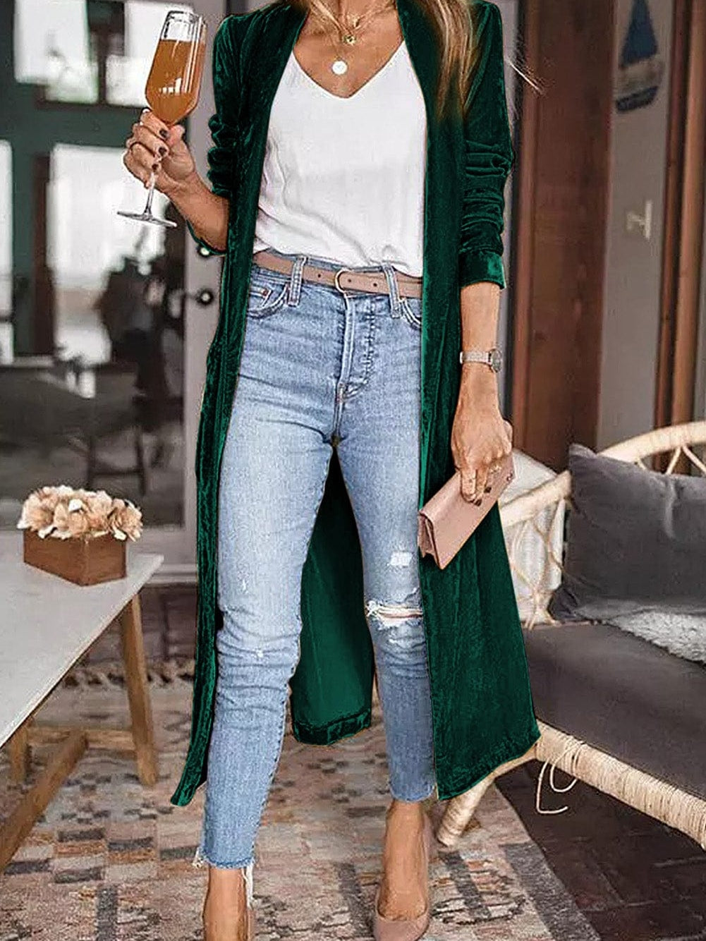 Elegant Green Velvet Long Cardigan with Open Front