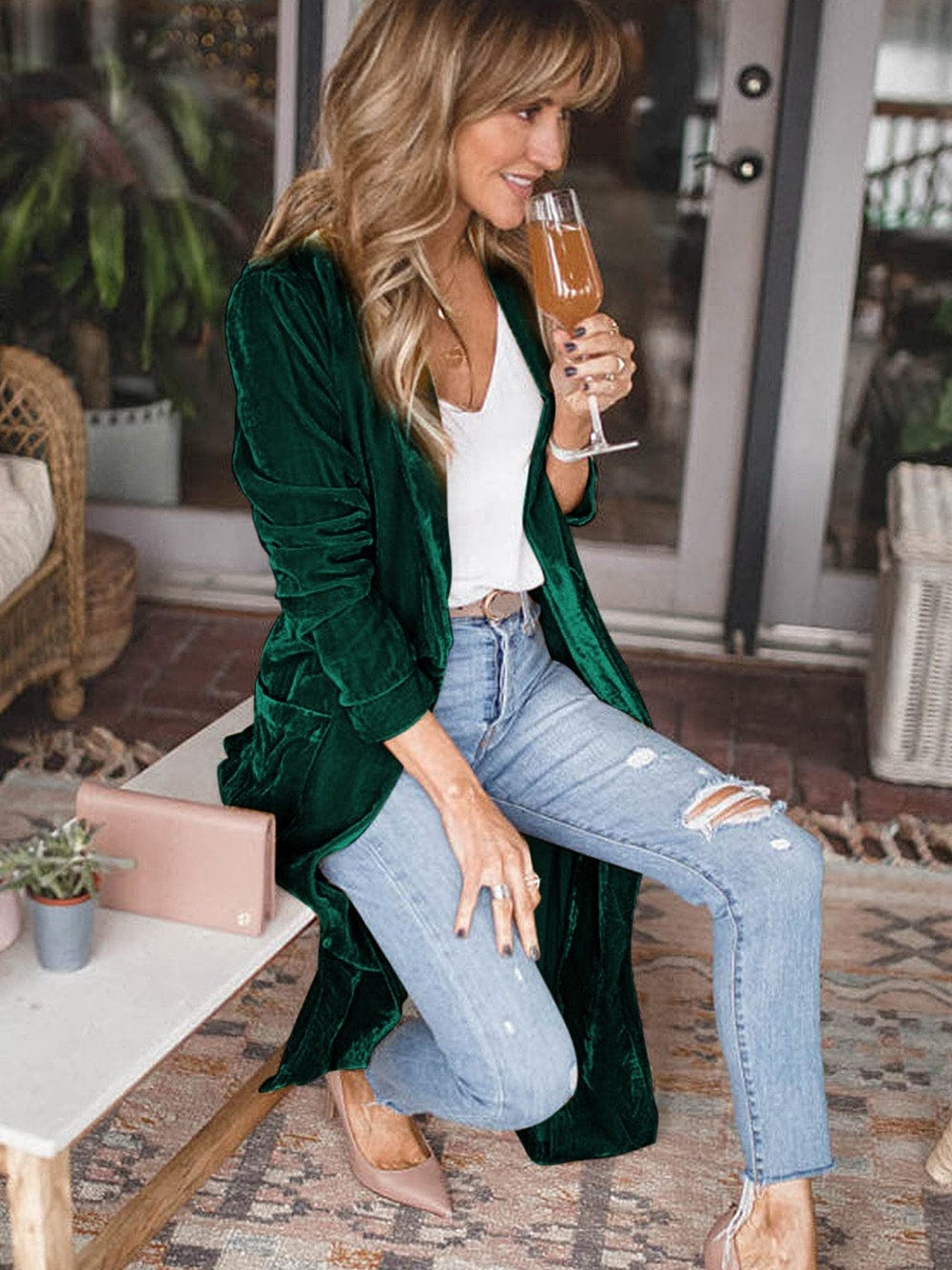 Elegant Green Velvet Long Cardigan with Open Front