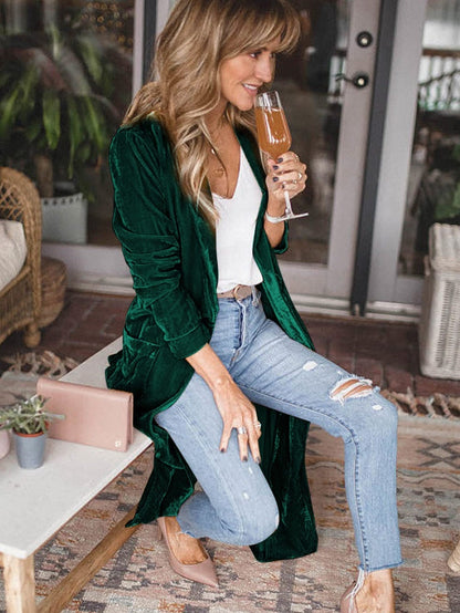 Elegant Green Velvet Long Cardigan with Open Front