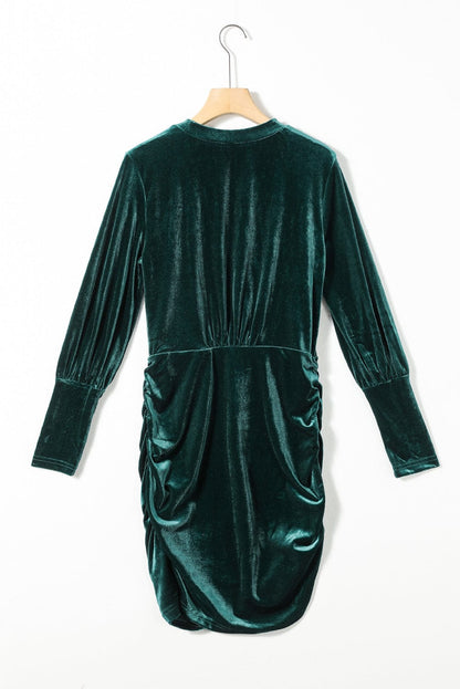 Elegant Green Velvet Ruched Bodycon Dress with Puff Sleeves