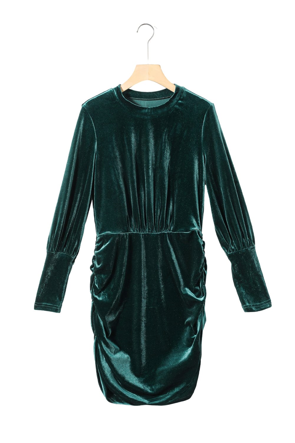 Elegant Green Velvet Ruched Bodycon Dress with Puff Sleeves