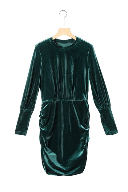 Elegant Green Velvet Ruched Bodycon Dress with Puff Sleeves