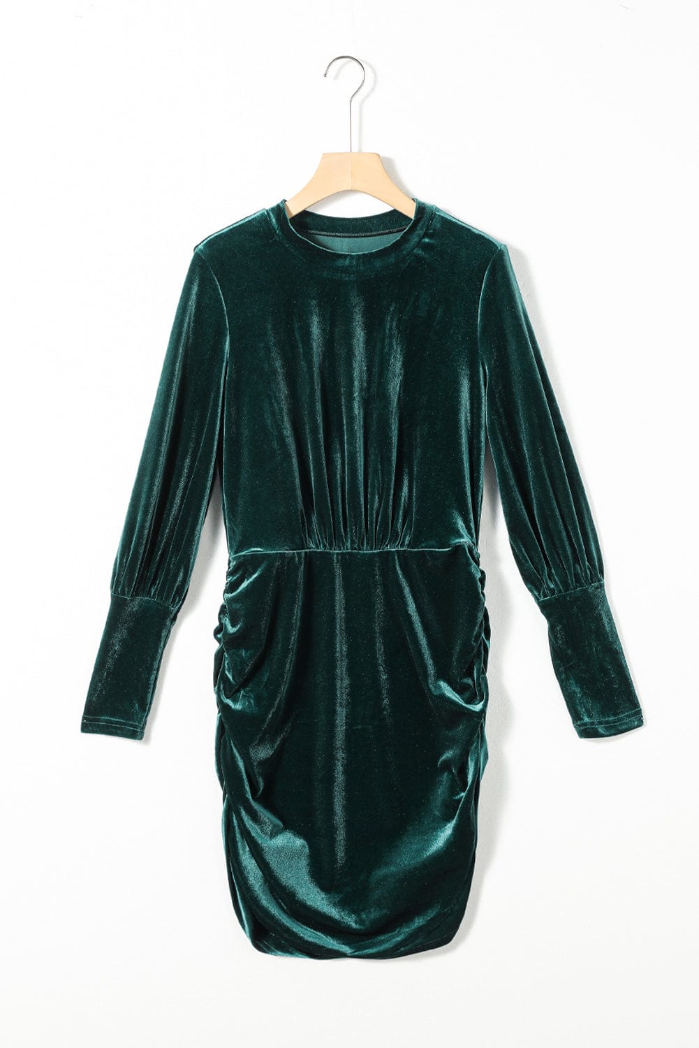Elegant Green Velvet Ruched Bodycon Dress with Puff Sleeves