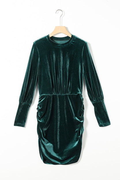 Elegant Green Velvet Ruched Bodycon Dress with Puff Sleeves