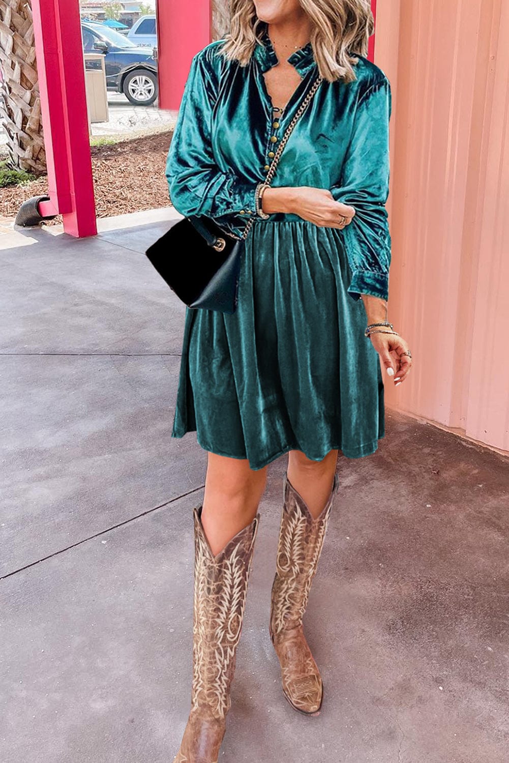 Elegant Green Velvet Ruffled Button-Up Mini Dress