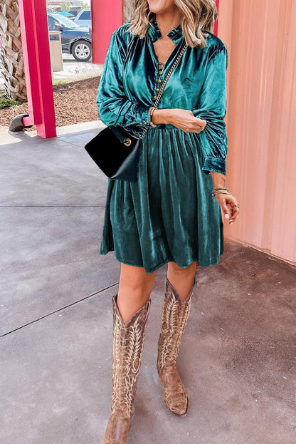 Elegant Green Velvet Ruffled Button-Up Mini Dress