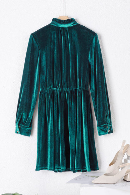 Elegant Green Velvet Ruffled Button-Up Mini Dress