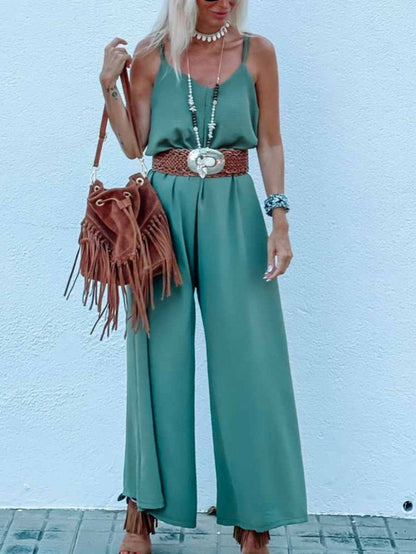 Elegant Green Wide Leg Jumpsuit with Spaghetti Straps