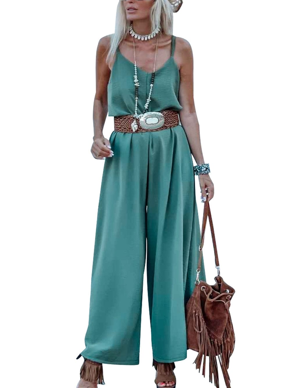 Elegant Green Wide Leg Jumpsuit with Spaghetti Straps
