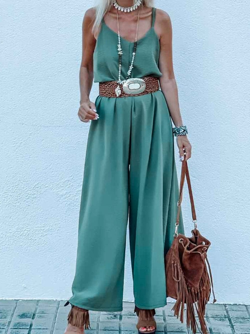 Elegant Green Wide Leg Jumpsuit with Spaghetti Straps