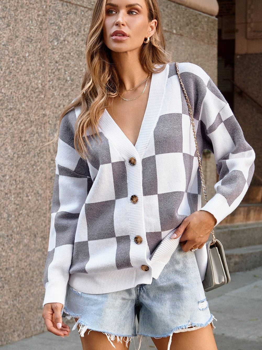 Elegant Grey Checkered Print V-Neck Button Up Cardigan Sweater