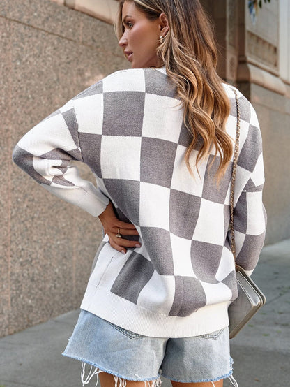 Elegant Grey Checkered Print V-Neck Button Up Cardigan Sweater