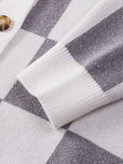 Elegant Grey Checkered Print V-Neck Button Up Cardigan Sweater