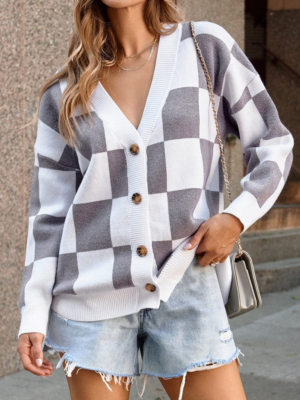 Elegant Grey Checkered Print V-Neck Button Up Cardigan Sweater