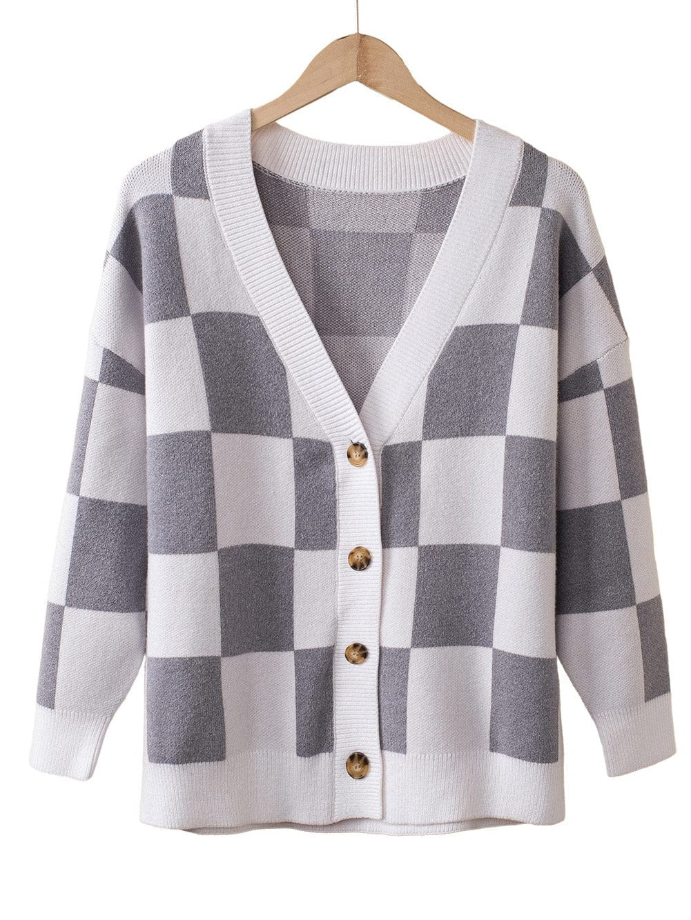 Elegant Grey Checkered Print V-Neck Button Up Cardigan Sweater