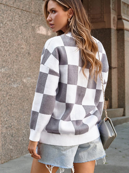 Elegant Grey Checkered Print V-Neck Button Up Cardigan Sweater