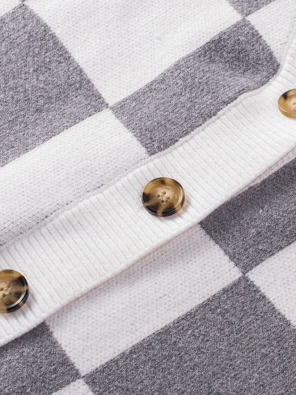 Elegant Grey Checkered Print V-Neck Button Up Cardigan Sweater