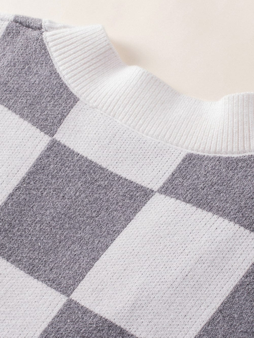 Elegant Grey Checkered Print V-Neck Button Up Cardigan Sweater