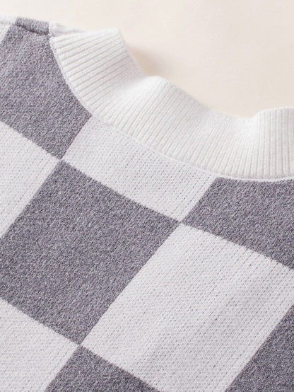 Elegant Grey Checkered Print V-Neck Button Up Cardigan Sweater