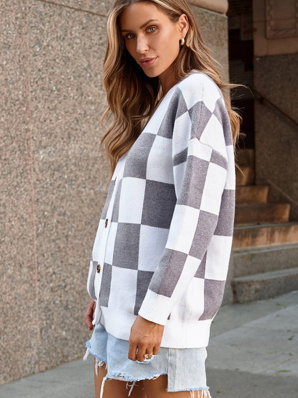 Elegant Grey Checkered Print V-Neck Button Up Cardigan Sweater