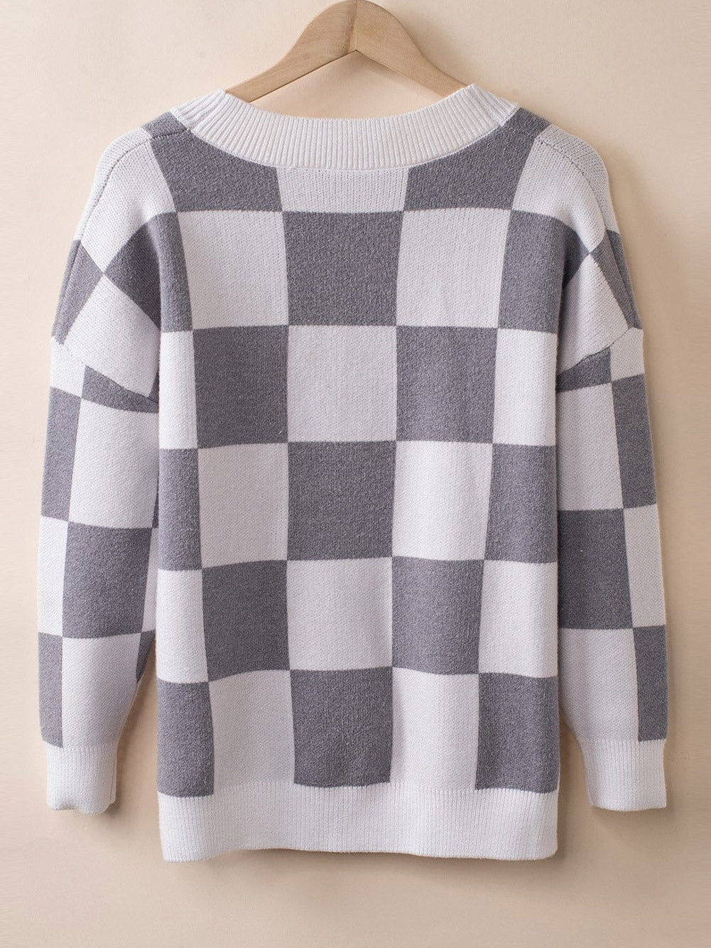 Elegant Grey Checkered Print V-Neck Button Up Cardigan Sweater