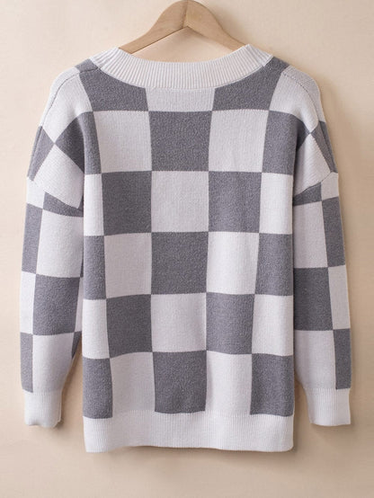 Elegant Grey Checkered Print V-Neck Button Up Cardigan Sweater