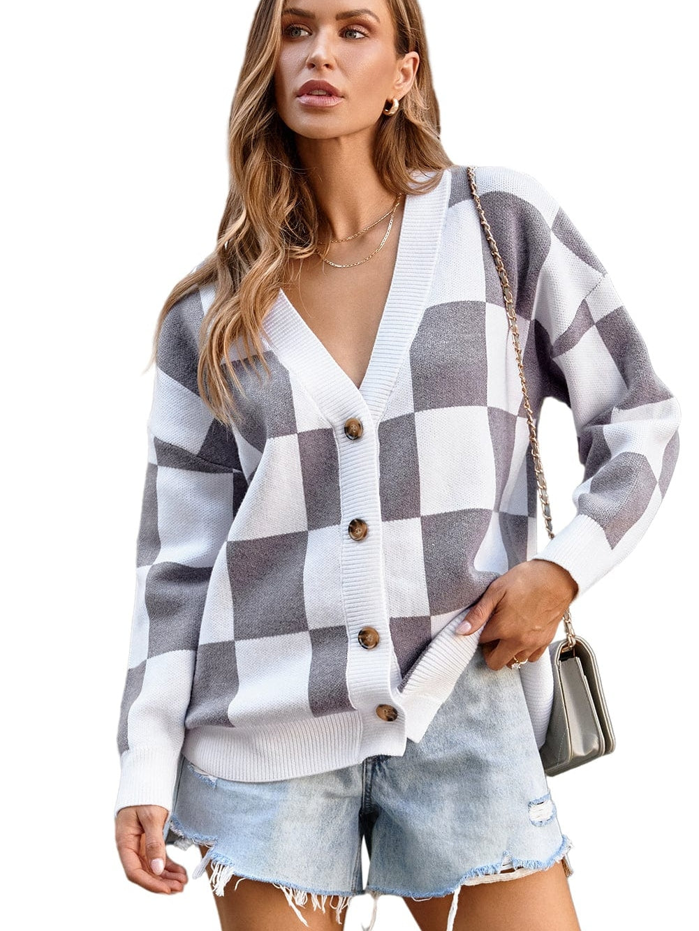 Elegant Grey Checkered Print V-Neck Button Up Cardigan Sweater