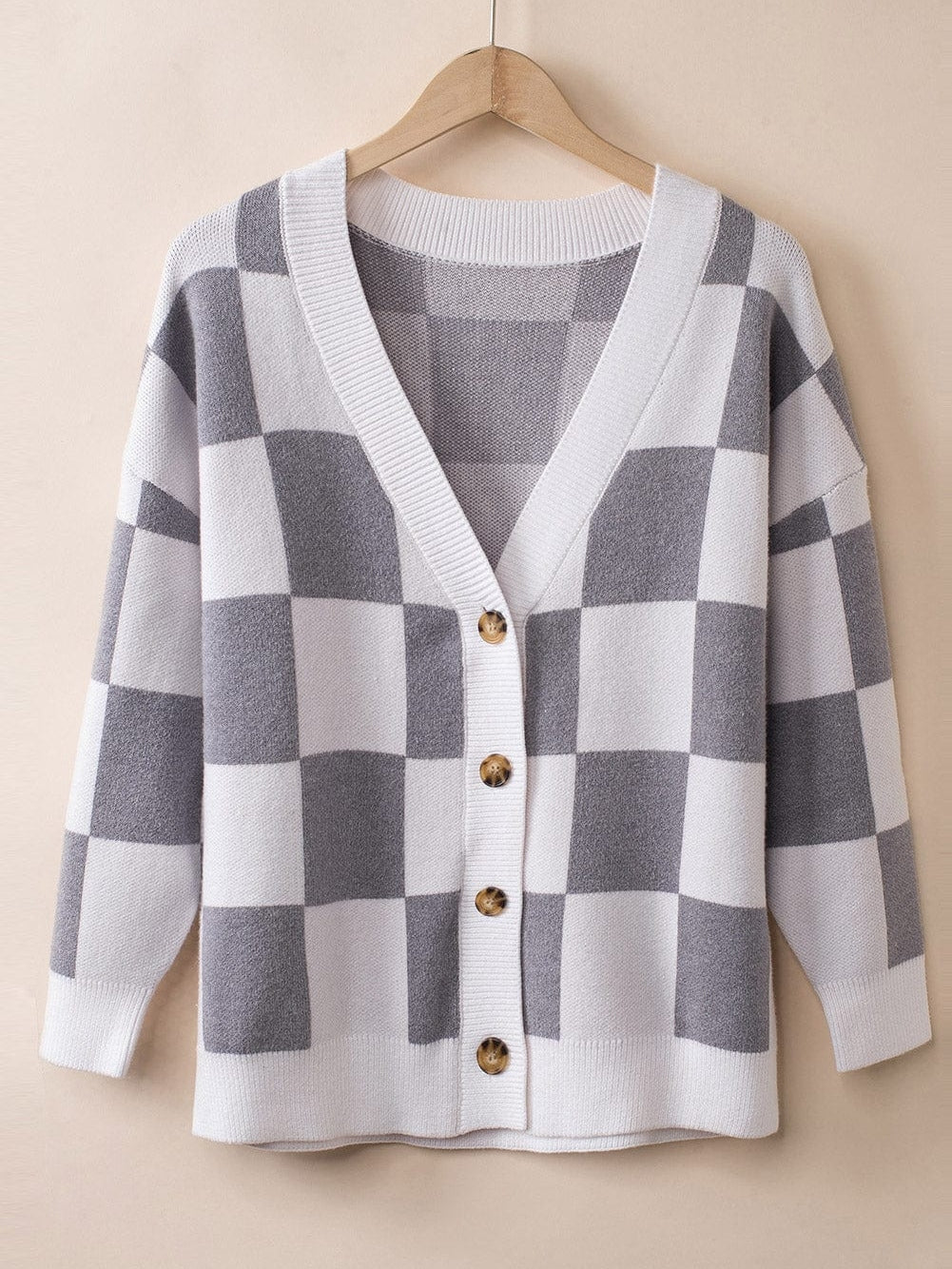 Elegant Grey Checkered Print V-Neck Button Up Cardigan Sweater