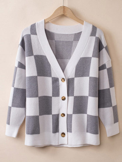 Elegant Grey Checkered Print V-Neck Button Up Cardigan Sweater