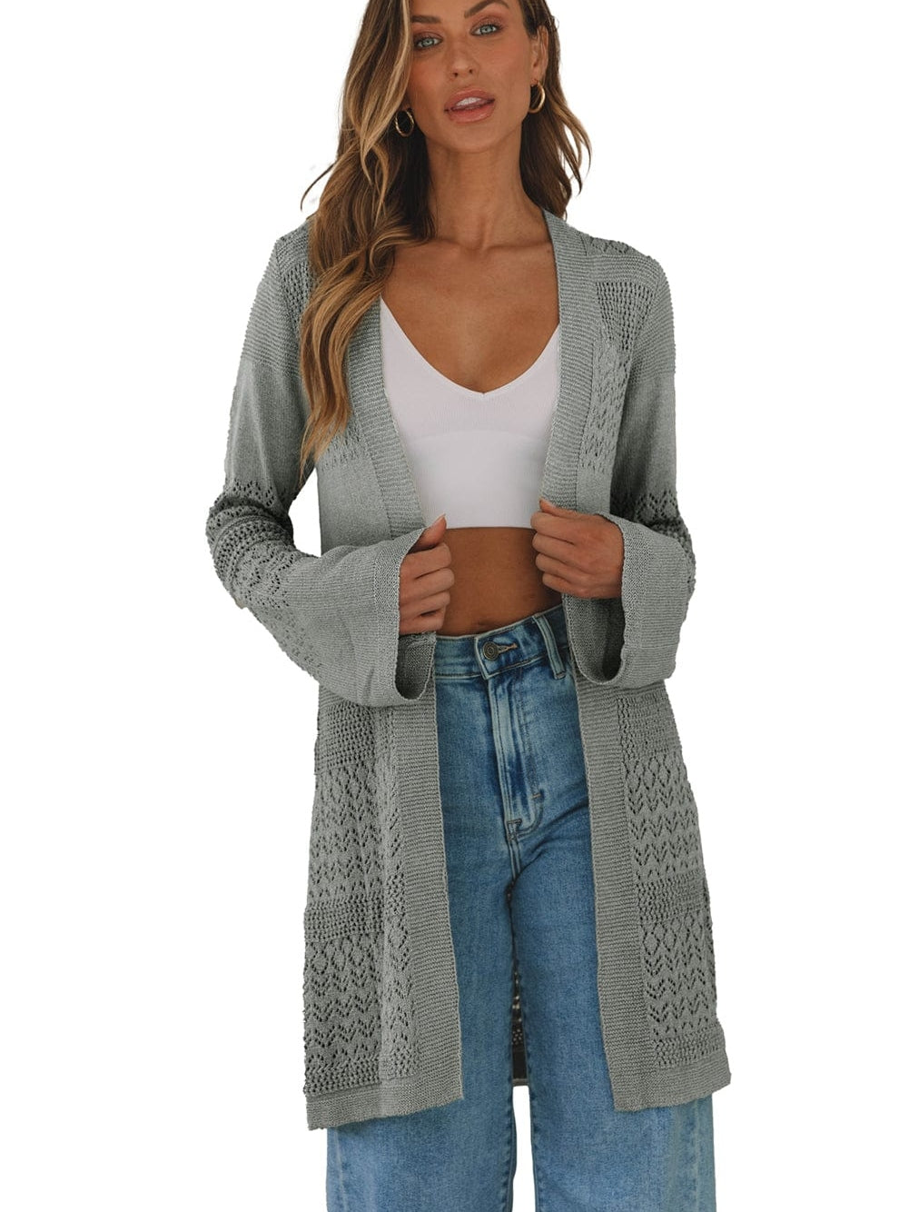 Elegant Grey Pointelle Crochet Cardigan