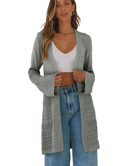 Elegant Grey Pointelle Crochet Cardigan