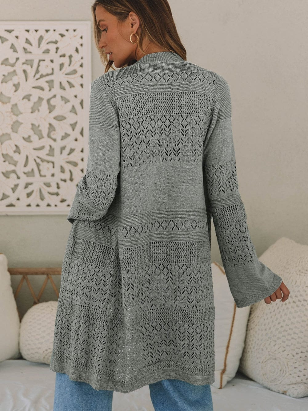 Elegant Grey Pointelle Crochet Cardigan