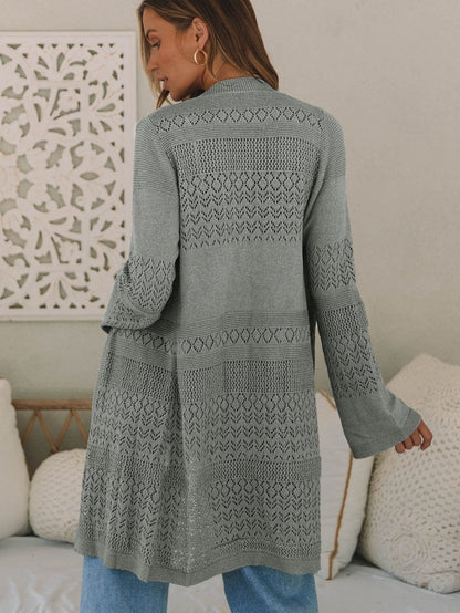 Elegant Grey Pointelle Crochet Cardigan