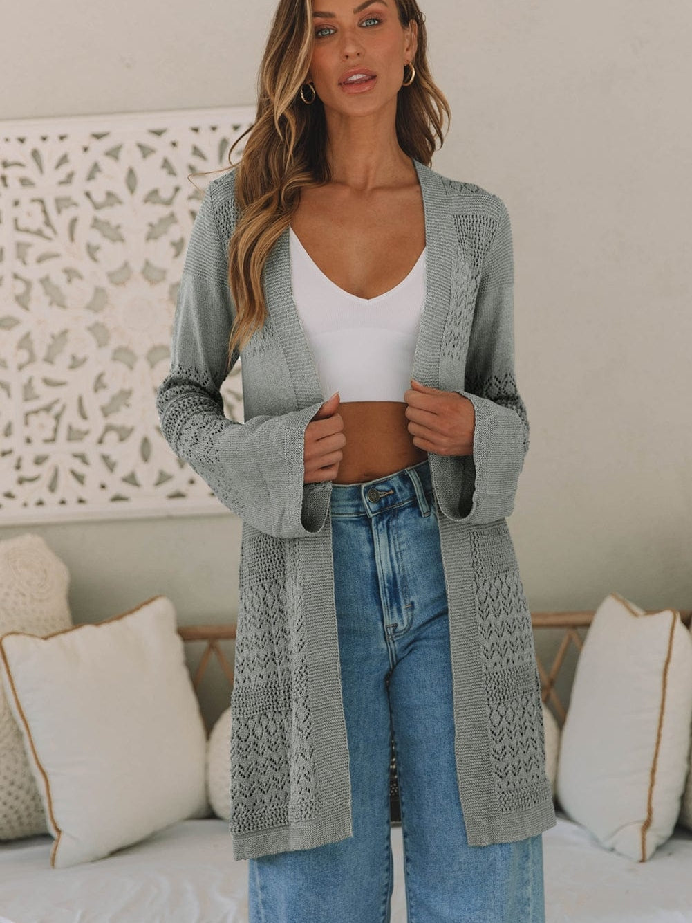 Elegant Grey Pointelle Crochet Cardigan