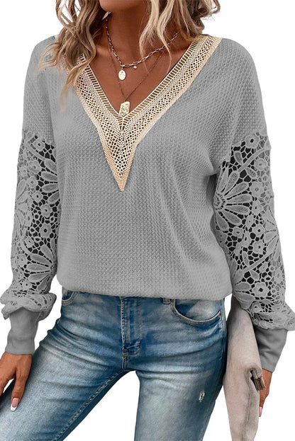 Elegant Grey Waffle Knit Top with Lace Details