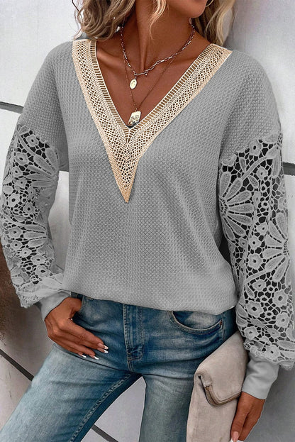 Elegant Grey Waffle Knit Top with Lace Details
