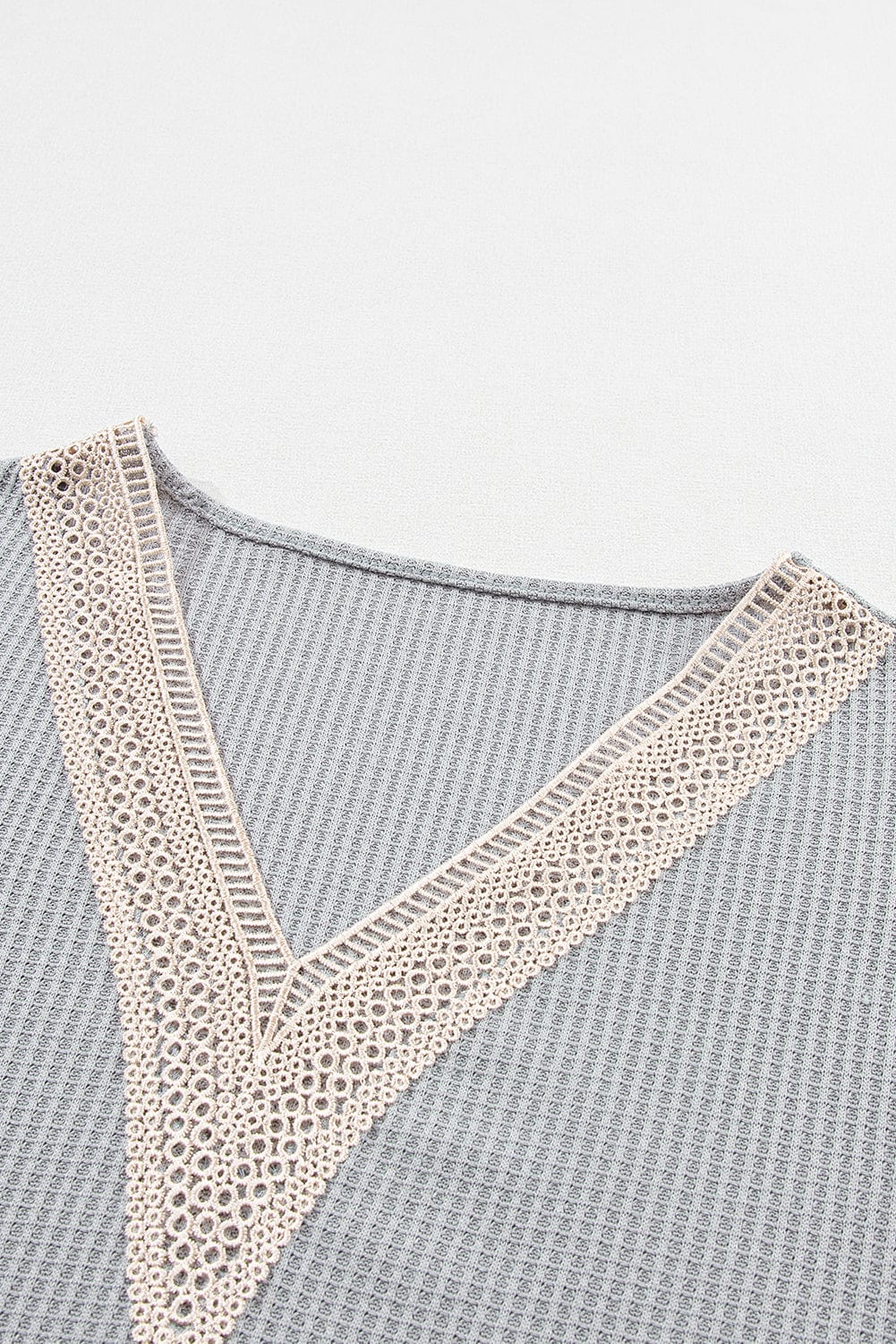 Elegant Grey Waffle Knit Top with Lace Details