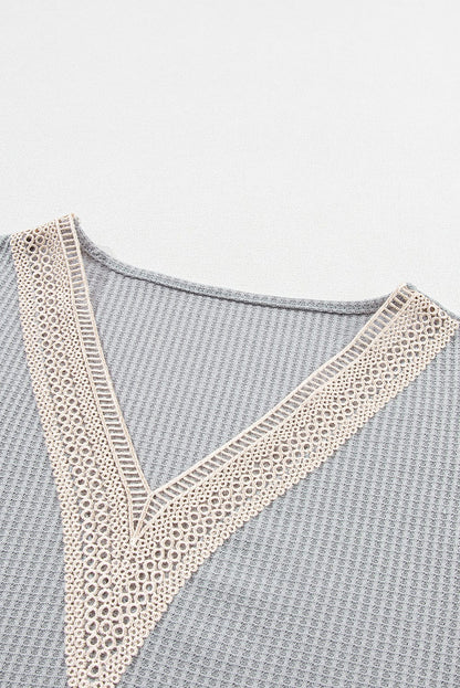 Elegant Grey Waffle Knit Top with Lace Details