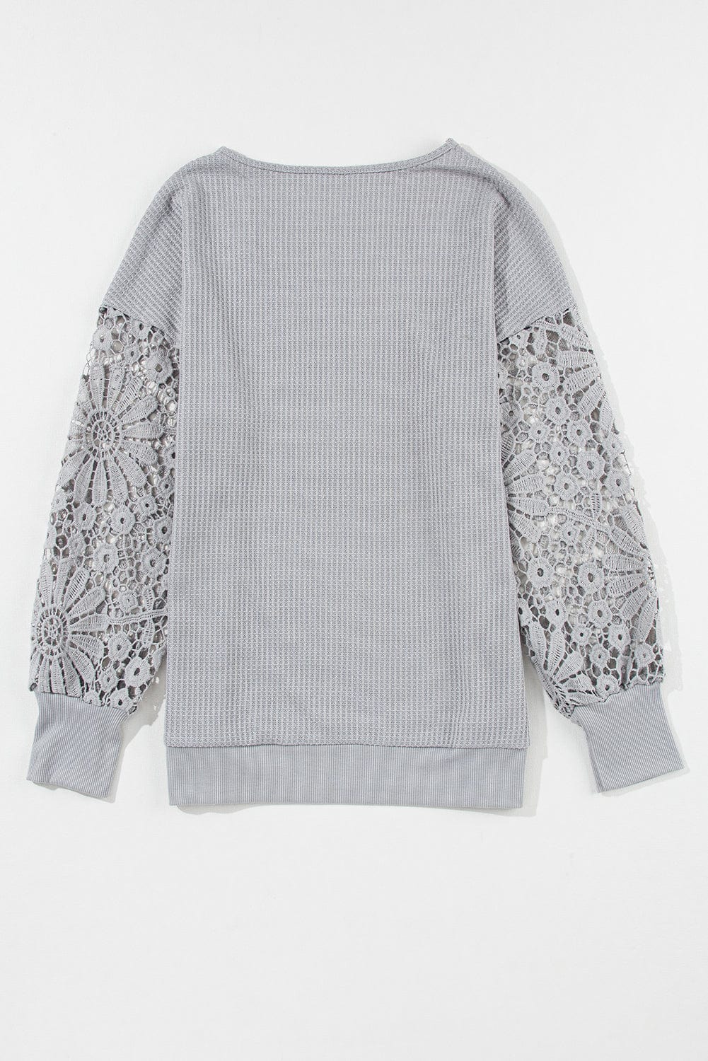 Elegant Grey Waffle Knit Top with Lace Details