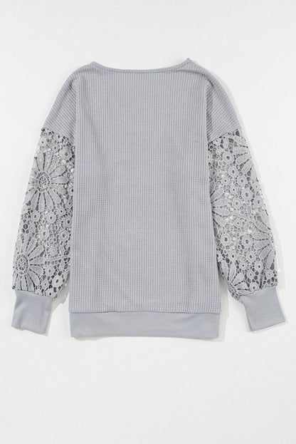 Elegant Grey Waffle Knit Top with Lace Details