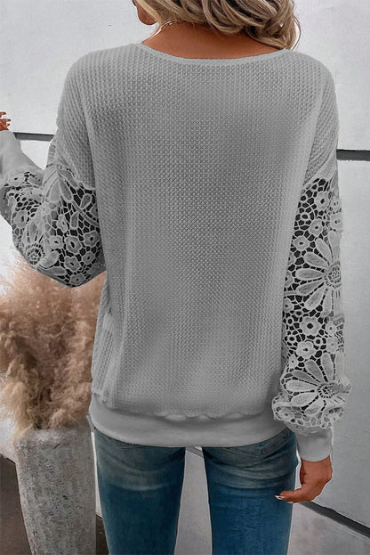 Elegant Grey Waffle Knit Top with Lace Details