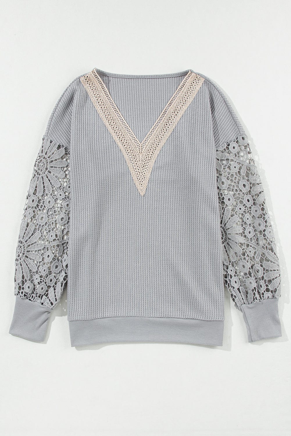 Elegant Grey Waffle Knit Top with Lace Details