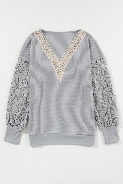 Elegant Grey Waffle Knit Top with Lace Details